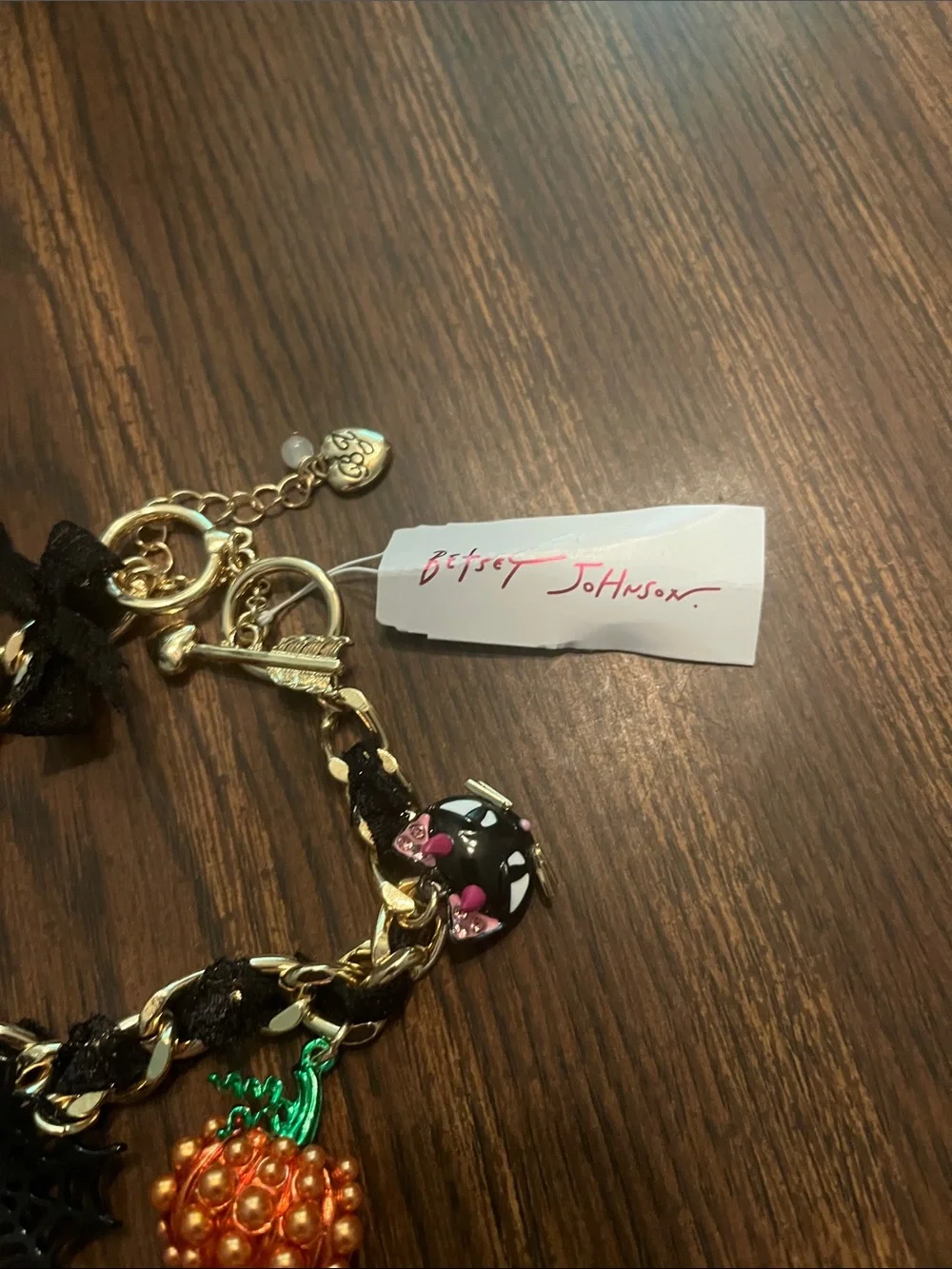 Betsey Johnson Black & Gold Halloween Charm Bracelet with Pink & Orange Accents